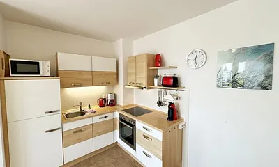 Küchenzeile mit Cerankochfeld,Backofen,Dunstabzugshaube,Kühl-Gefrierkombination,Geschirrspüler, Kaffeemaschine, Dolce Gusto Kapselmaschine, Wasserkocher, Toaster und weitere diverse Küchenutensilien