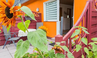 Die sonnige Terrasse und Wohnungseingang