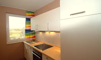 Küche mit Geschirrspüler und Backofen