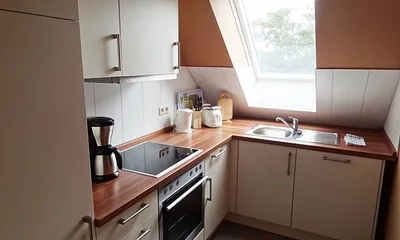 Küche mit Geschirrspüler und Backofen