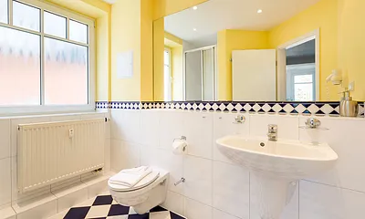 Hier ein Blick in das schicke Duschbad mit WC und Fön.