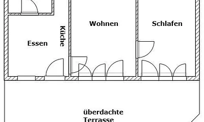 Grundriss: 2-Raum-Wohnung mit separater Küche, überdachte Terrasse mit Strandkorb