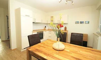 Wohnküche mit großem Essbereich und Geschirrspüler und Backofen