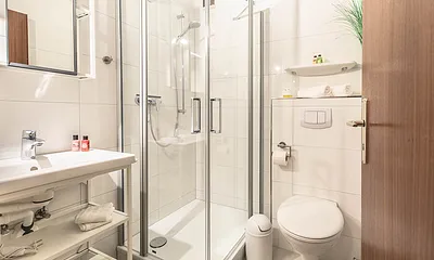 Badezimmer mit Dusche, Waschbecken und WC im Obergeschoss