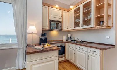 Die Küchenzeile mit Backofen, Geschirrspüler, Mikrowelle etc.