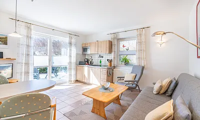 Kombinierter Wohn-, Ess- und Kochbereich mit Terrasse