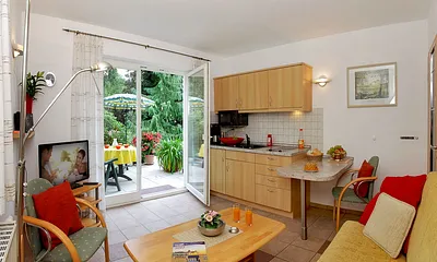 Wohn-, Ess- und Kochbereich mit Terrasse