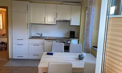 Küchenzeile im Wohnzimmer und Durchgang zur Terrasse