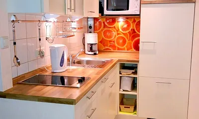 Einbauküche: Kühlschrank, Geschirrspüler, Mikrowelle, Kochfeld 