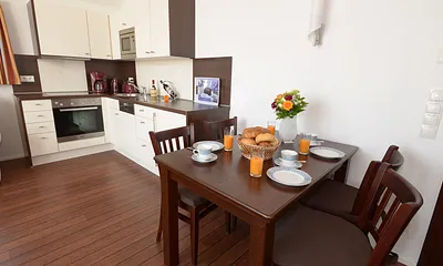 voll eingerichtete Küche mit 4-PlattenCeranHerd, Geschirrspüler, Mikrowelle und Backofen