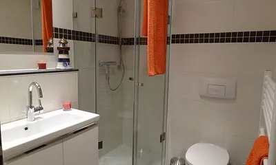 renoviertes Bad, Echtglasdusche mit niedrigem Einstieg, WC, Föhn und viel Ablagelagemöglichkeiten