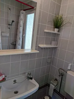 Bad mit Dusche, WC und Waschbecken