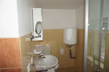 ... die Dusche / Toilette mit Außenfenster und Warmwasserboiler 