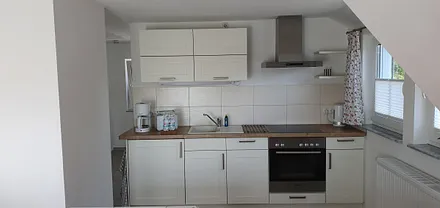 Die Küchenzeile mit  Geschirrspüler, Kühlschrank mit Gefrierfach, Ceranherd und Ablufthaube