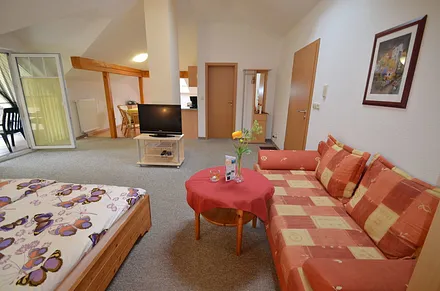 Wohn-Schlafbereich, gr. Doppelbett und Schlafcouch für 1 Person / Kinderbett möglich