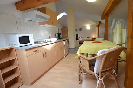 Küche mit Blick in den Wohnbereich