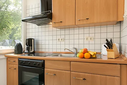 Die Küche ist komplett ausgestattet mit Backofen, Mikrowelle, Kühlschrank, Geschirr etc.