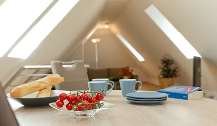 offener Wohn- und Schlafbereich im Dachgeschoss