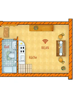 Grundriss Obergeschoss mit Küche und Bad (Dusche /WC)