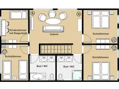 Obergeschoss mit 4 Schlafzimmern, Gaerie und 2 Bädern