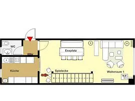 Erdgeschossgrundriss Küche, Gäste-WC und Wohnraum