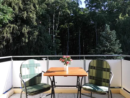 Balkon mit Morgensonne und Blick direkt auf Küstenwald