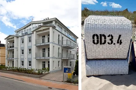 Aussenansicht und Strandkorb am Strand