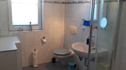 Badezimmer mit WC und Dusche, Waschmaschine, Fön, Kosmetikspiegel