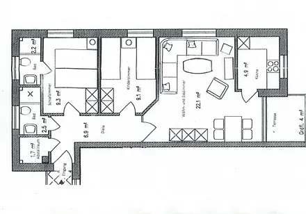 Raumaufteilung Wohnung 1 mit Terrasse