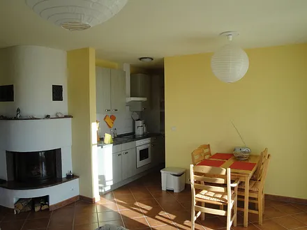 Wohnzimmer mit Kamin und integrierter Küche