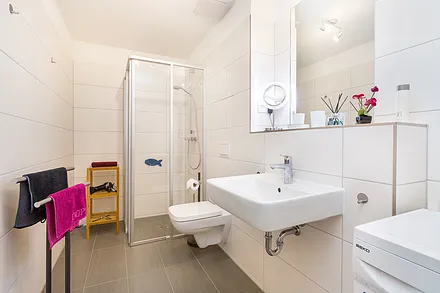 Das edle Bad bietet Ihnen Echtglasdusche, WC, Fön und Waschmaschine.