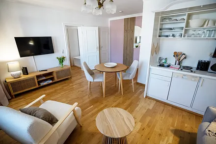 Das Wohnzimmer hat eine kleine Küchenzeile. Die Wohnung wurde 2023 renoviert und komplett neu möbliert.