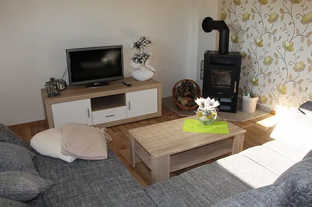 Wohnzimmer mit Couch und Kamin für kalte Tage