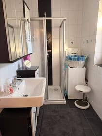 Bad mit Dusche, Waschbecken, WC und Waschmaschine