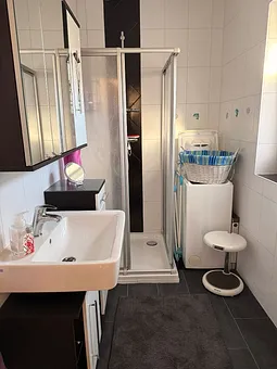 Bad mit Dusche, Waschbecken, WC und Waschmaschine