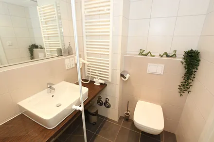 Badezimmer mit ebenerdiger Dusche, Waschbecken, WC, Kosmetikspiegel, festinstallierter Haarfön und Handtuchheizkörper