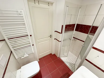 Badezimmer mit ebenerdiger Dusche, Waschbecken, WC, Fön, Kosmetikspiegel und Handtuchheizkörper