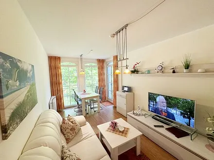 Wohnbereich mit gemütlicher Couch, Leselampe, Smart-TV, DVD-Player und Radio mit CD