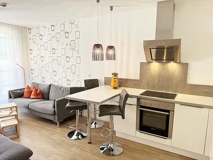 Küchenzeile mit Mikrowelle, Backofen, Ceranfeld, Spülmaschine, Kühlschrank mit Gefrierfach, Kaffeemaschine, Toaster, Kaffeemaschine und anderen praktischen Helfern