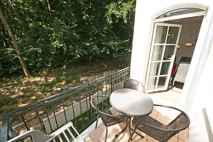bestuhlter Balkon (West) mit Blick Richtung Wald