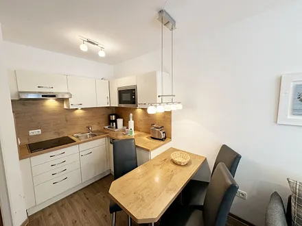 integrierte Küchenzeile mit Mikrowelle und Grillfunktion, Ceranfeld, Abzugshaube, Spülmaschine, Kühlschrank mit Gefrierfach, Kaffeemaschine und anderen praktischen Helfern