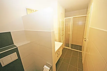 Badezimmer mit ebenerdiger Dusche, Waschtisch, WC, beheizbarer Handtuchtrockner und Fön