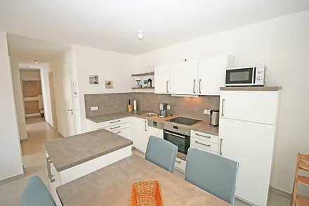 moderne Küchenzeile mit  4-Zonen Ceranfeld, Backofen, Mikrowelle, Geschirrspüler, Kühlschrank mit Gefrierfach und diverse Küchenutensilien