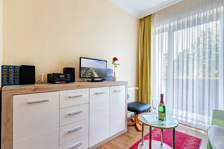 Wohnzimmer mit Flat-TV & frz. Balkon