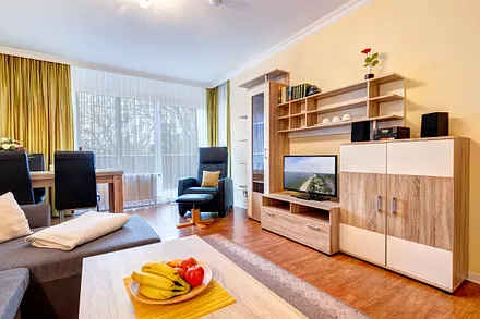 Wohnzimmer mit Schlafcouch, Flat-TV und Zugang auf die Dachterrasse