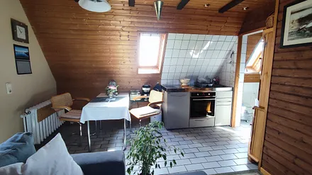 Essplatz und Miniküche mit zwei Herdplatten, Backofen, Kühlschrank, Wasserkocher, Toaster, Kaffeemaschine, sowie Zubehör wie Küchenhandtücher, Küchenrolle, Spülmittel usw.