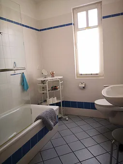 Badezimmer mit Duschwanne 175x75 und Handtuchtrockner, Insektenschutz am Fenster