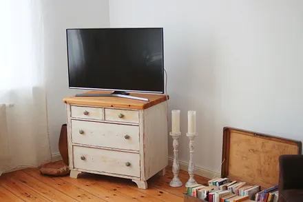 Wohnzimmer mit Bücher- und Spielekoffer, großem TV