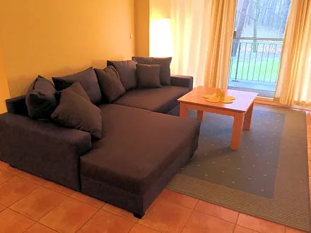 Wohnbereich mit Blick zum grossen Balkon.