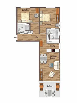 Grundriss mit der vorhanden Einrichtung.